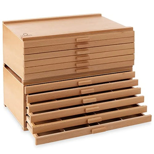 12 Drawer Wooden Artist Storage Box for Pastels Pencils Pens Markers Brushes and Tools in Brown with Organized Compact Design