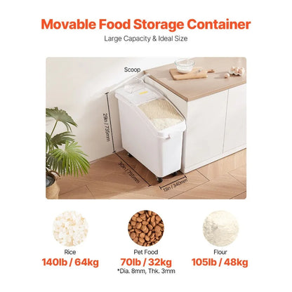 21Gallon/80L Large Rice Storage Container for Kitchen Ingredients Grain Cereal Flour Airtight Pet Food Dispenser Bin with Wheel