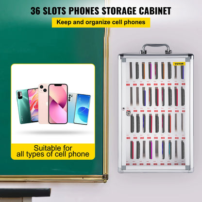 SucceBuy 36 Slots Cell Phone Cabinet Silver Aluminum Alloy Pocket Chart Wall Mounted Storage Locker Box for Classroom Office Gym