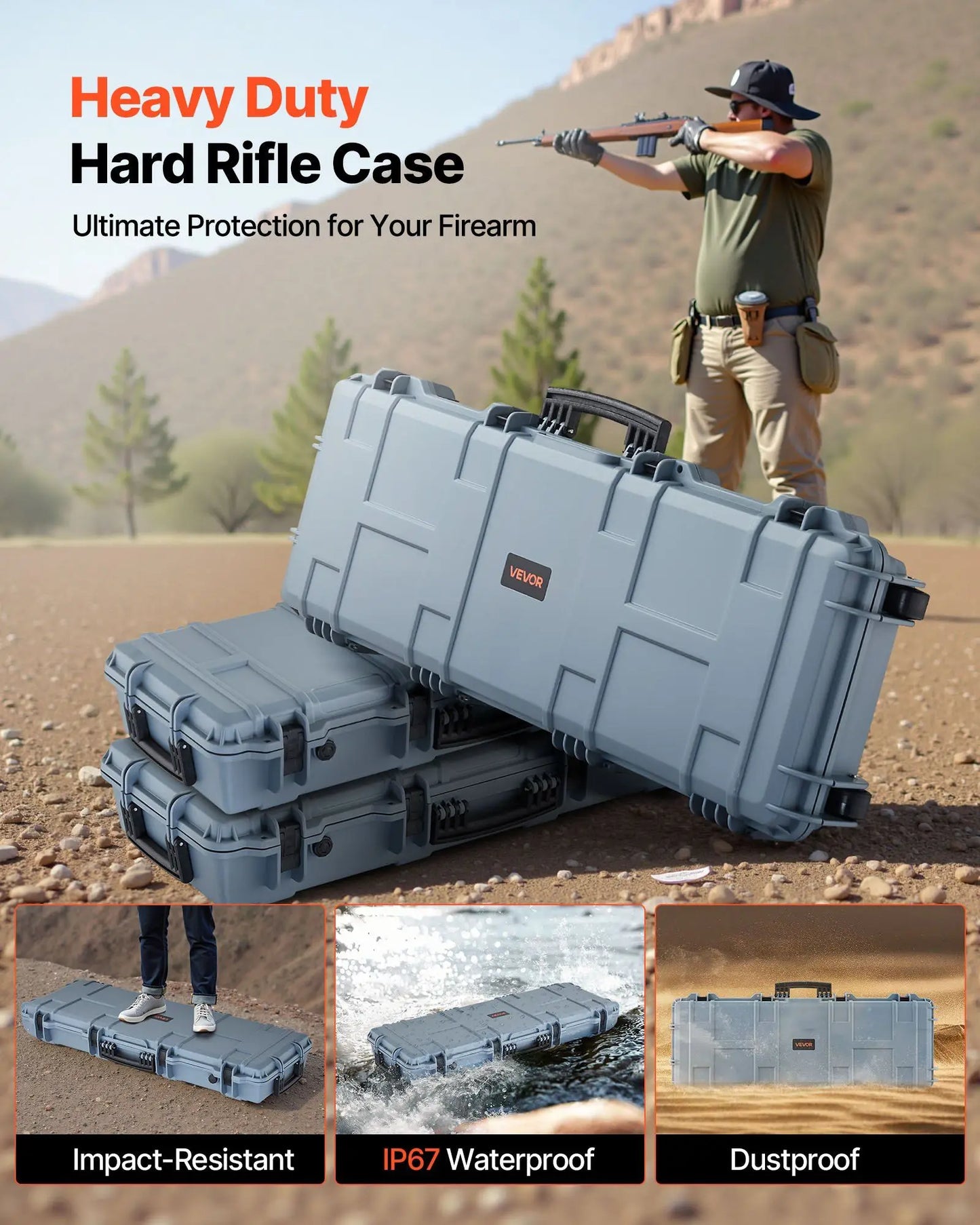 Hard Rifle Case, Lockable Rifle Case with Pre-cut Foams, 42 in Movable Gun Storage with Wheels, IP67 Waterproof & Dustproof