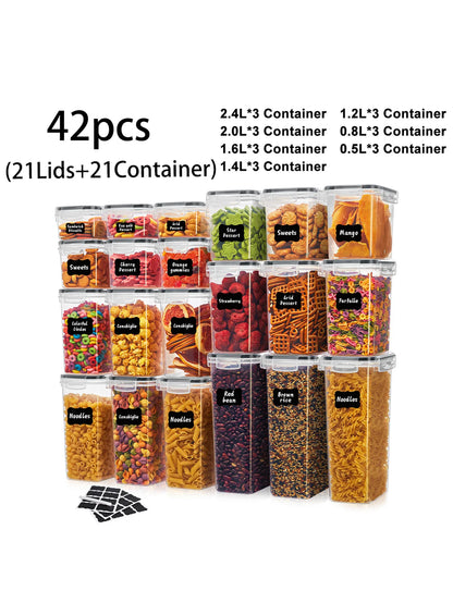 42pcs Sealed food storage containers with LIDS plastic kitchen pantry, dry cargo jars of lactose, grain, flour, sugar, labeled,
