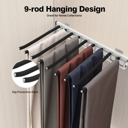 Pull Out Trousers Rack 9 Rods Retractable Wardrobe Pants Organizer Left/Right Wall Mount Space-Saving Closet Storage Rack