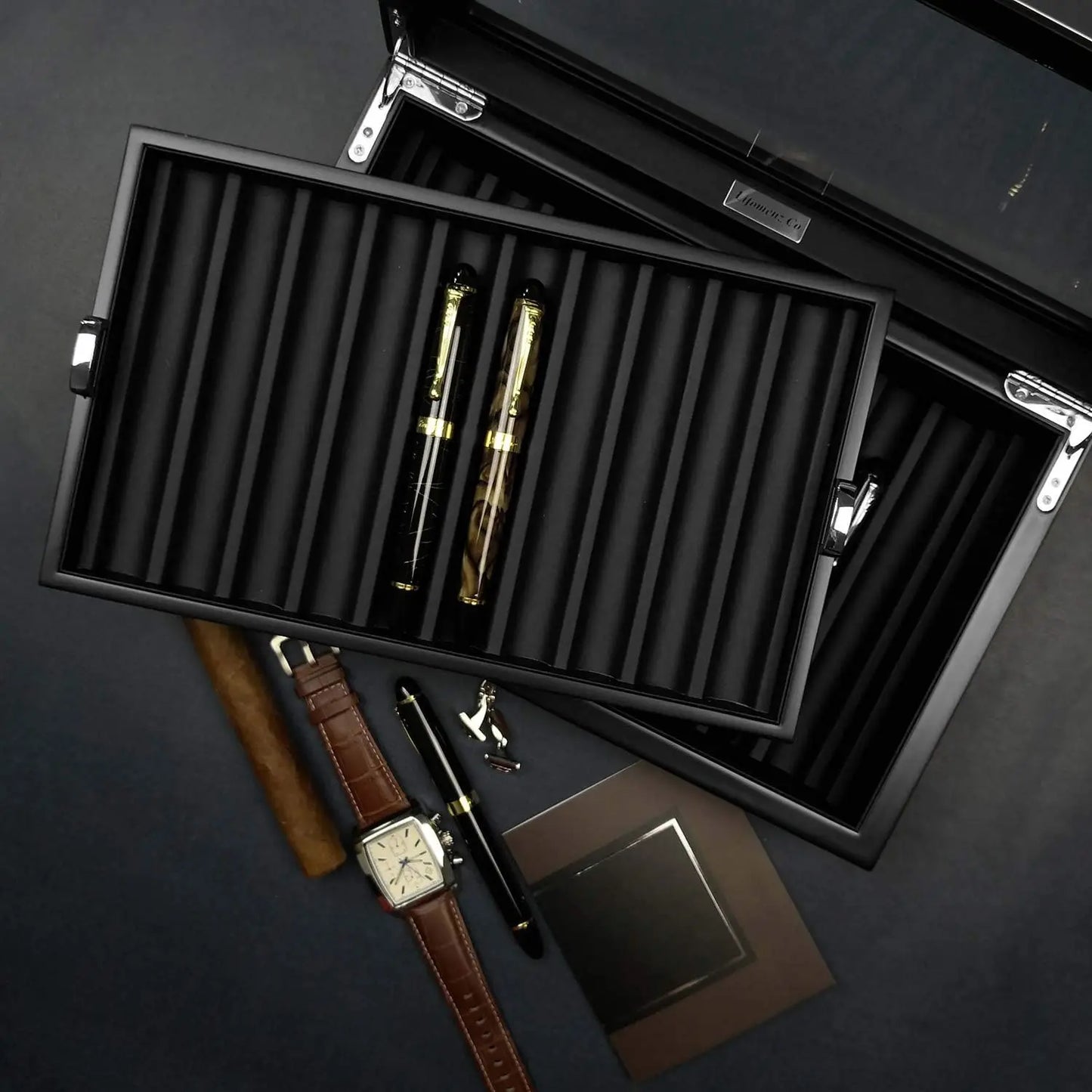 Ebony Wood Pen Display Case with Glass Window, Holds 20 Fountain Pens, Luxury Organizer for Collectors
