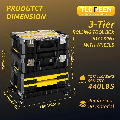 Stackable 3 Tier Rolling Tool Box with Wheels, Modular Drawer Tool Organizer, Portable Storage for Garage, Home Repair, Workshop