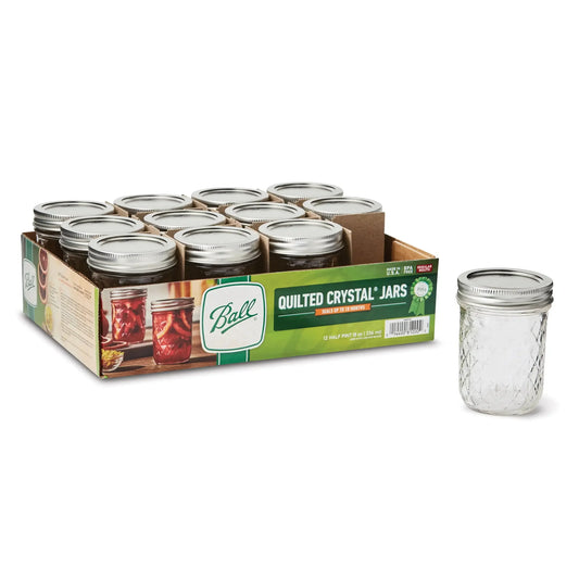 Ball Quilted Crystal Mason Jar w/ Lid & Band, Regular Mouth, 8 Ounces, 12 Count,