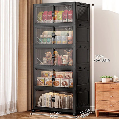22.4 Inch Foldable Storage Box, Double Doors Multi-Layer No Assembly Organizer for Drinks/Snacks/Toys/Daily Items, Space-Saving