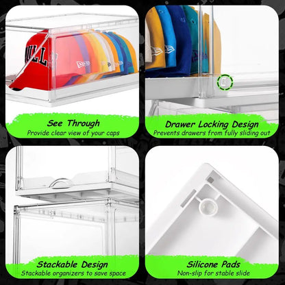 2 Pack Hat Organizer for Baseball Caps, Clear Hats Holder Box with Drawer, Large Cap Storage with Sliding Tray, Stackable Rack