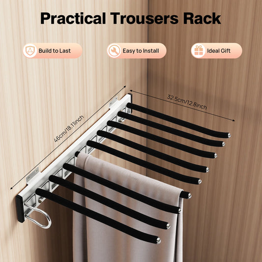 Pull Out Trousers Rack 9 Rods Retractable Wardrobe Pants Organizer Left/Right Wall Mount Space-Saving Closet Storage Rack