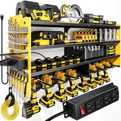 Tool Organizer Wall Mount Charging, 4 Layer Heavy Duty Metal Storage Rack Loads 600lbs with 8 Cordless Drill Holder, Battery Ut