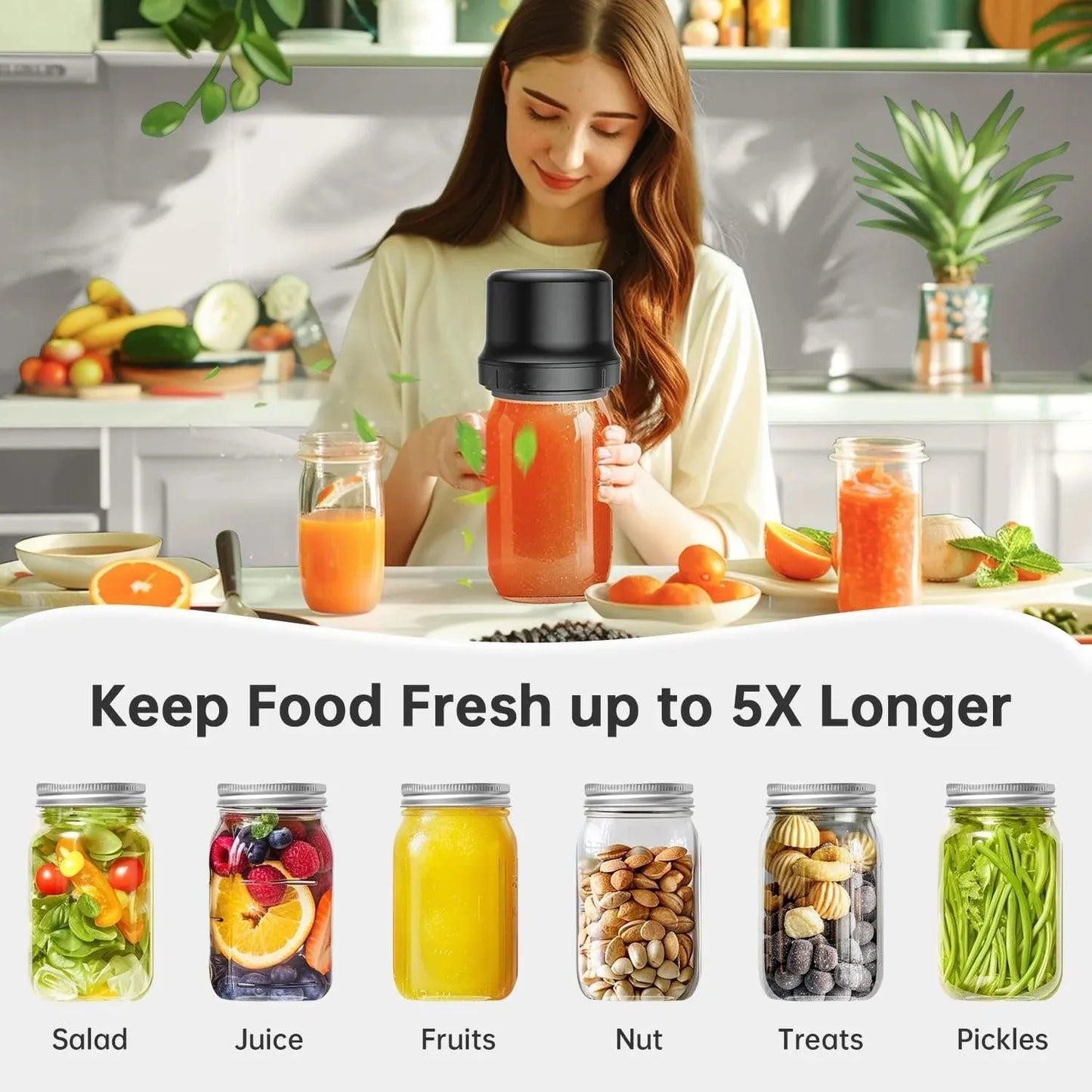 Electric Mason Jar Vacuum Sealer kit for Food Storage, with Regular and Wide Mouth Mason Jar Lids, Black