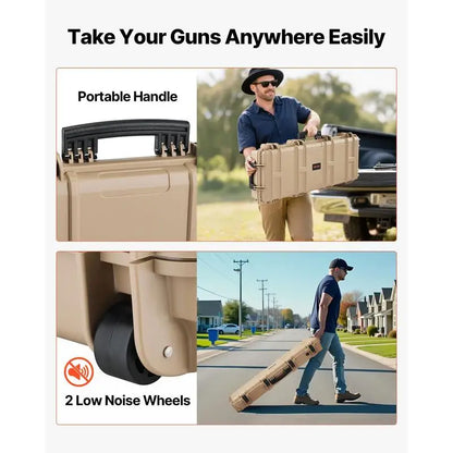 Rifle Protective Trunk 40 Inch For Hunting Shooting Range Tactical Training, Pre-cut Foam Lockable Latches Rolling Wheels Khaki Large Firearm Container Shotgun Airsoft Storage Case