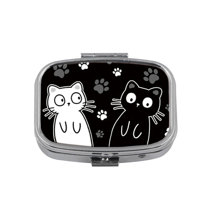 Cute Cats Pill Box Divided Metal Square Animals Tiger Birds Pill Box Travel Portable Medicine Case