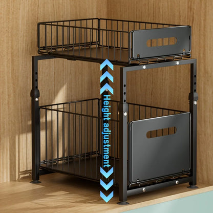 Under Sink Organizer 2-Tier Slide-Out, Heavy-Duty Adjustable Steel Kitchen Bathroom Storage Shelf for Utensils, Spices