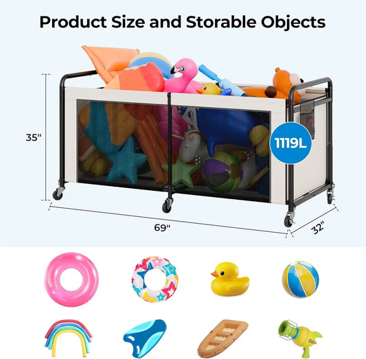 Large 295 Gallon Pool Float Storage with Wheels and Side Pockets, Outdoor Toy Organizer in Beige