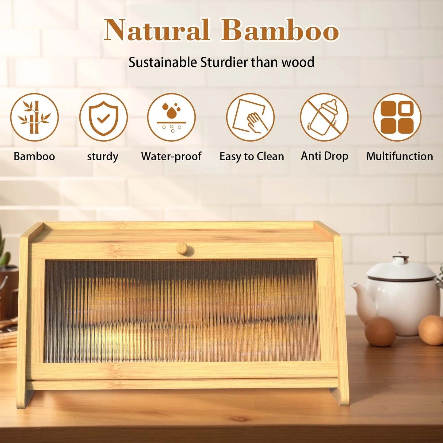 Bamboo Bread Box Airtight, Farmhouse Corner Bread Storage Container for Kitchen Countertop, Toast Holder, Rustic Home Decor