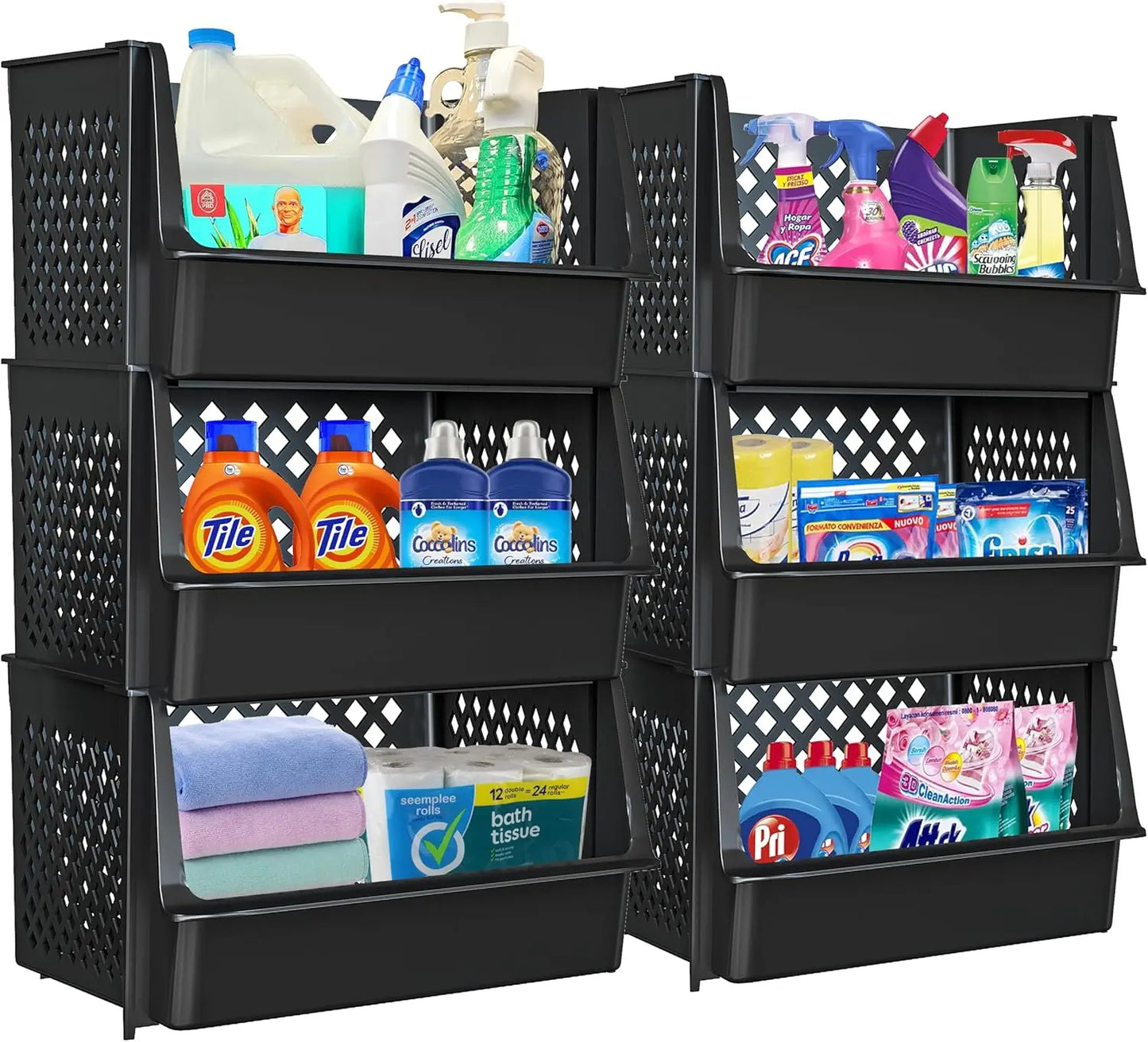 6 Pack Large Stacking Bins Open Front Kitchen and Bathroom Organization, Black Plastic Storage Containers