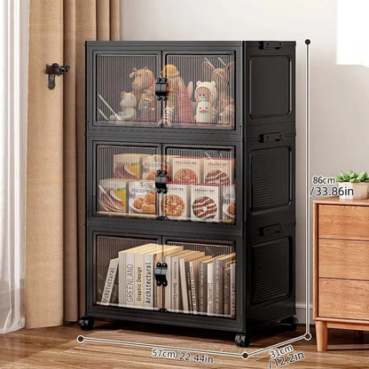 22.4 Inch Foldable Storage Box, Double Doors Multi-Layer No Assembly Organizer for Drinks/Snacks/Toys/Daily Items, Space-Saving