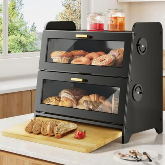 Bread Box - Kitchen Countertop Bread Storage Container with Bamboo Cutting Board Adjustable Vent Hole Dials