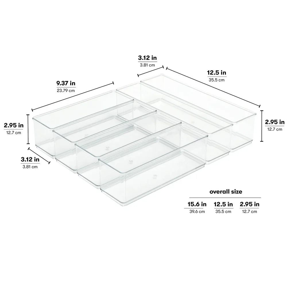 6 Piece Kitchen Drawer Organizer Set Modular Storage Bins BPA Free Clear Plastic Utensil Organization Solution