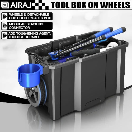 20” Rolling Tool Box with Wheels, 3-Tier Portable Stackable for Garage Storage, with Removable Cup Holder (20”W×12”D×35”H)