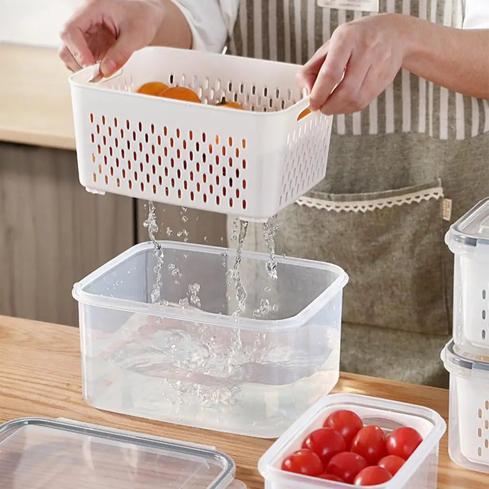 📦 US Warehouse Quick Ship Refrigerator Storage Box, Fridge Organizer with Drain Basket for Fresh Vegetables Fruits