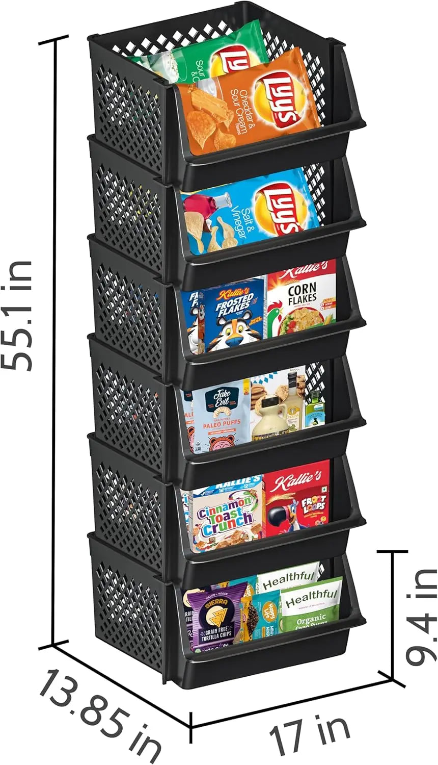 6 Pack Large Stacking Bins Open Front Kitchen and Bathroom Organization, Black Plastic Storage Containers