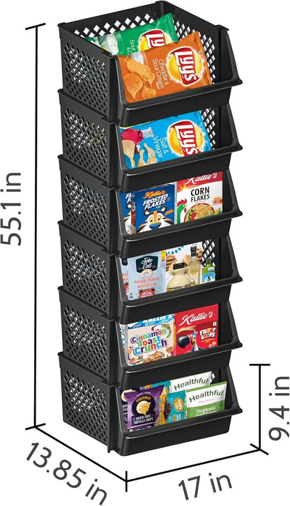 6 Pack Large Stacking Bins Open Front Kitchen and Bathroom Organization, Black Plastic Storage Containers