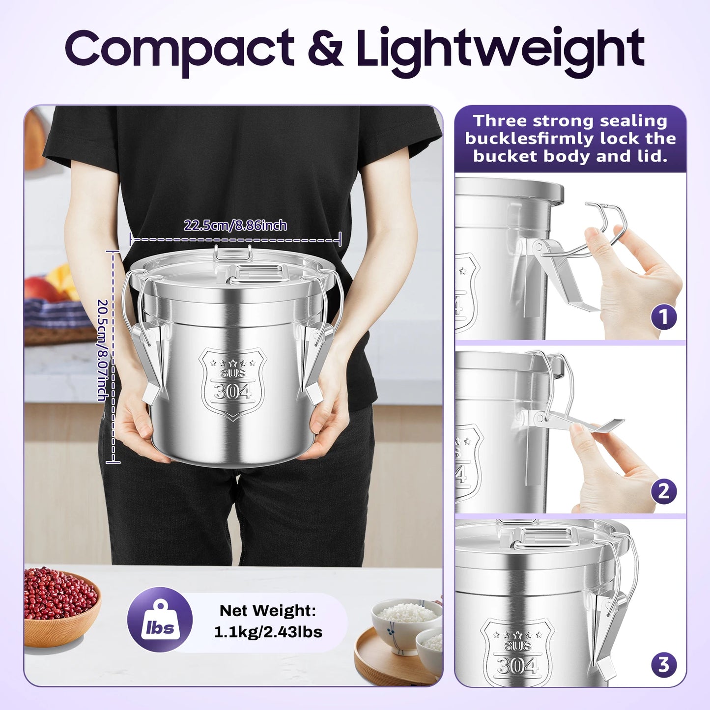 304 Stainless Steel 6L Grain Container, Countertop Rice Dispenser for Kitchen Hotel Canteen