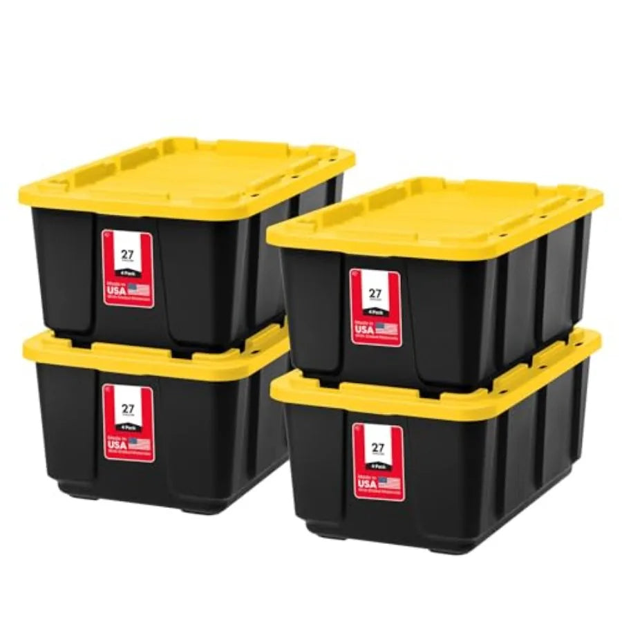 4-Pack 27 Gallon Storage Bins with Lids Made in USA Heavy Duty Plastic Tote Containers for Truckbed Tool Box Organization Large