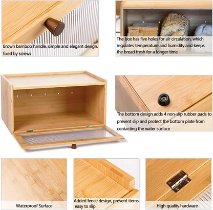 Large Bamboo Bread Box with Window, Farmhouse Style Kitchen Storage Container for Fresh Bread