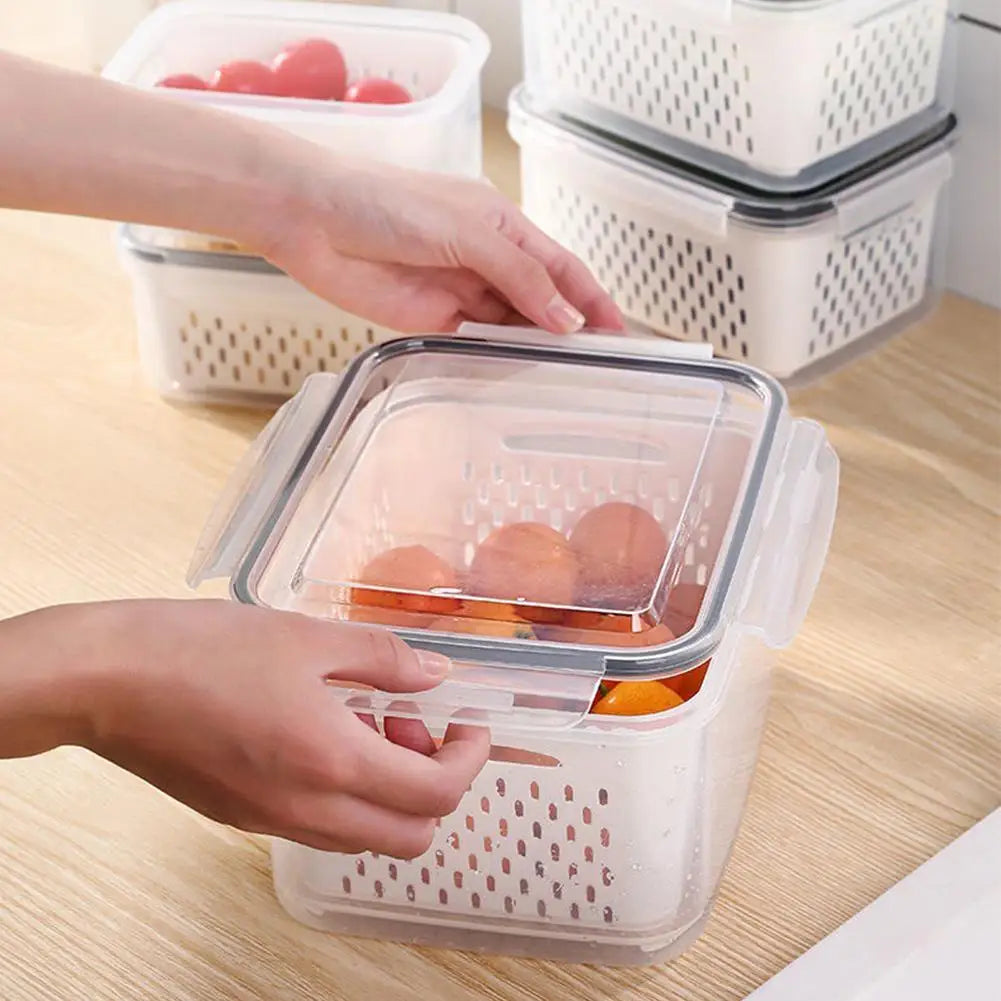 📦 US Warehouse Quick Ship Refrigerator Storage Box, Fridge Organizer with Drain Basket for Fresh Vegetables Fruits